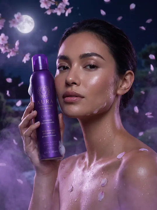 Модель з флаконом гелю для душу AURA Crown серед фіолетових пелюсток
