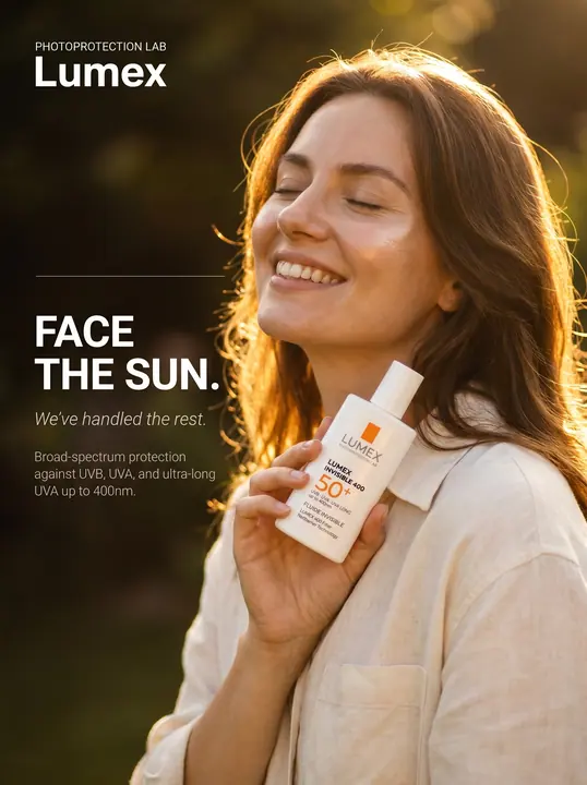 Жінка усміхається сонцю з флюїдом Lumex SPF 50