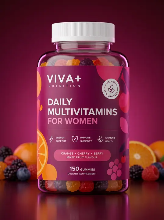 Банка жувальних вітамінів Viva+ на малиновому фоні